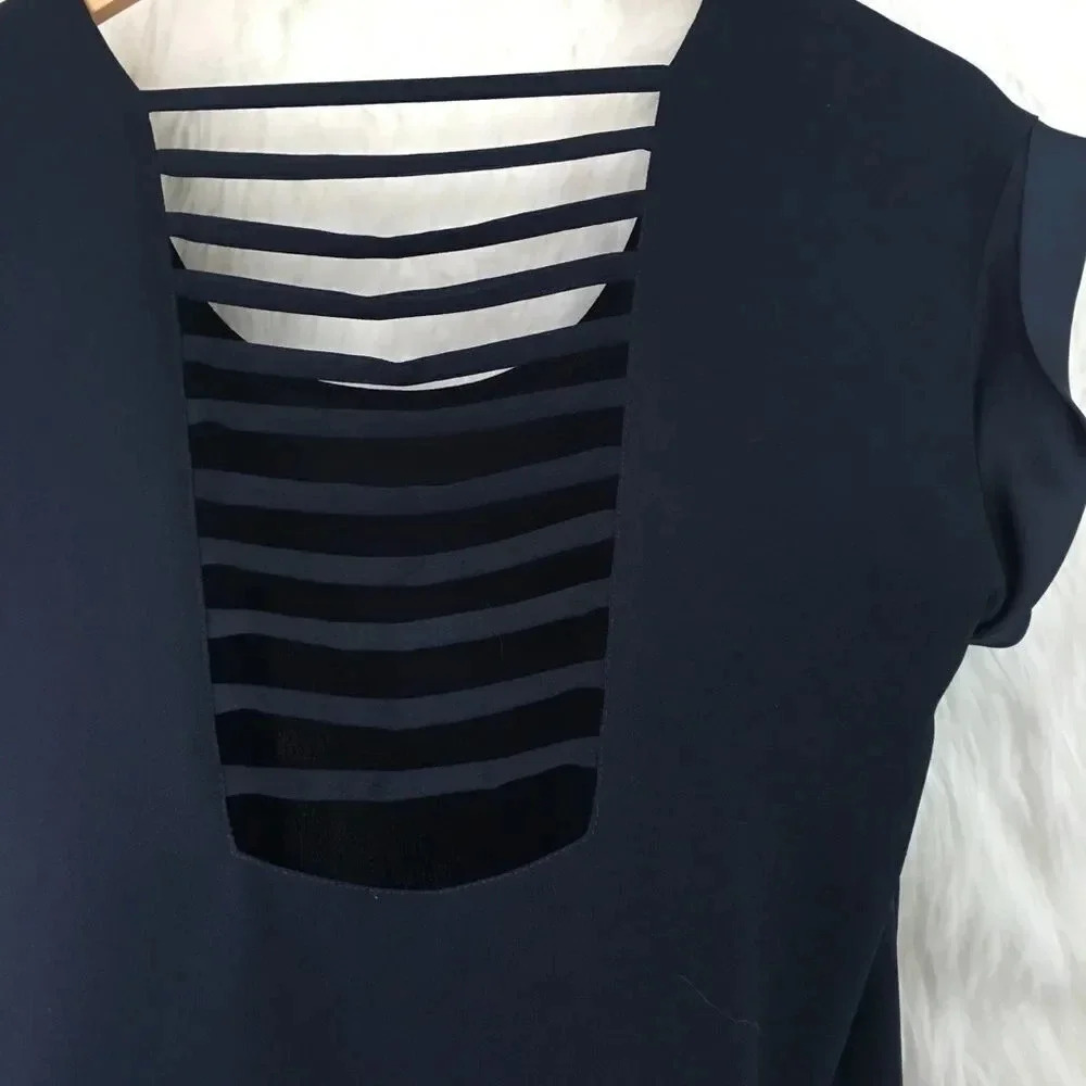AQUA Navy Satin‎ Trim Cut Out Short Sleeve Top - Picture 2 of 6